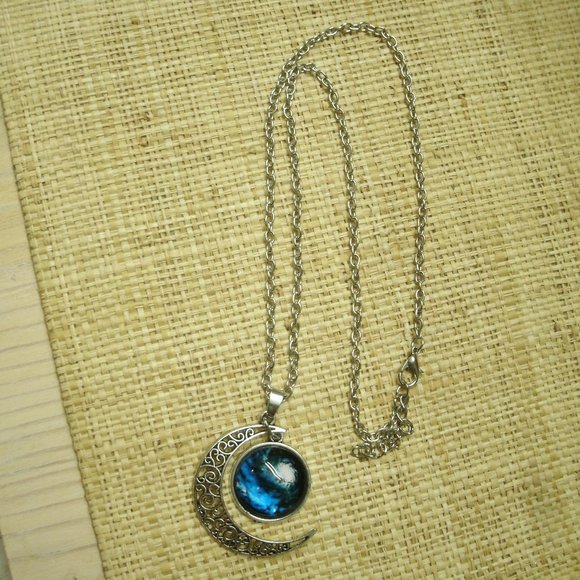 Crescent Moon with Galaxy Cabochon Dangle Necklace - Picture 13 of 13